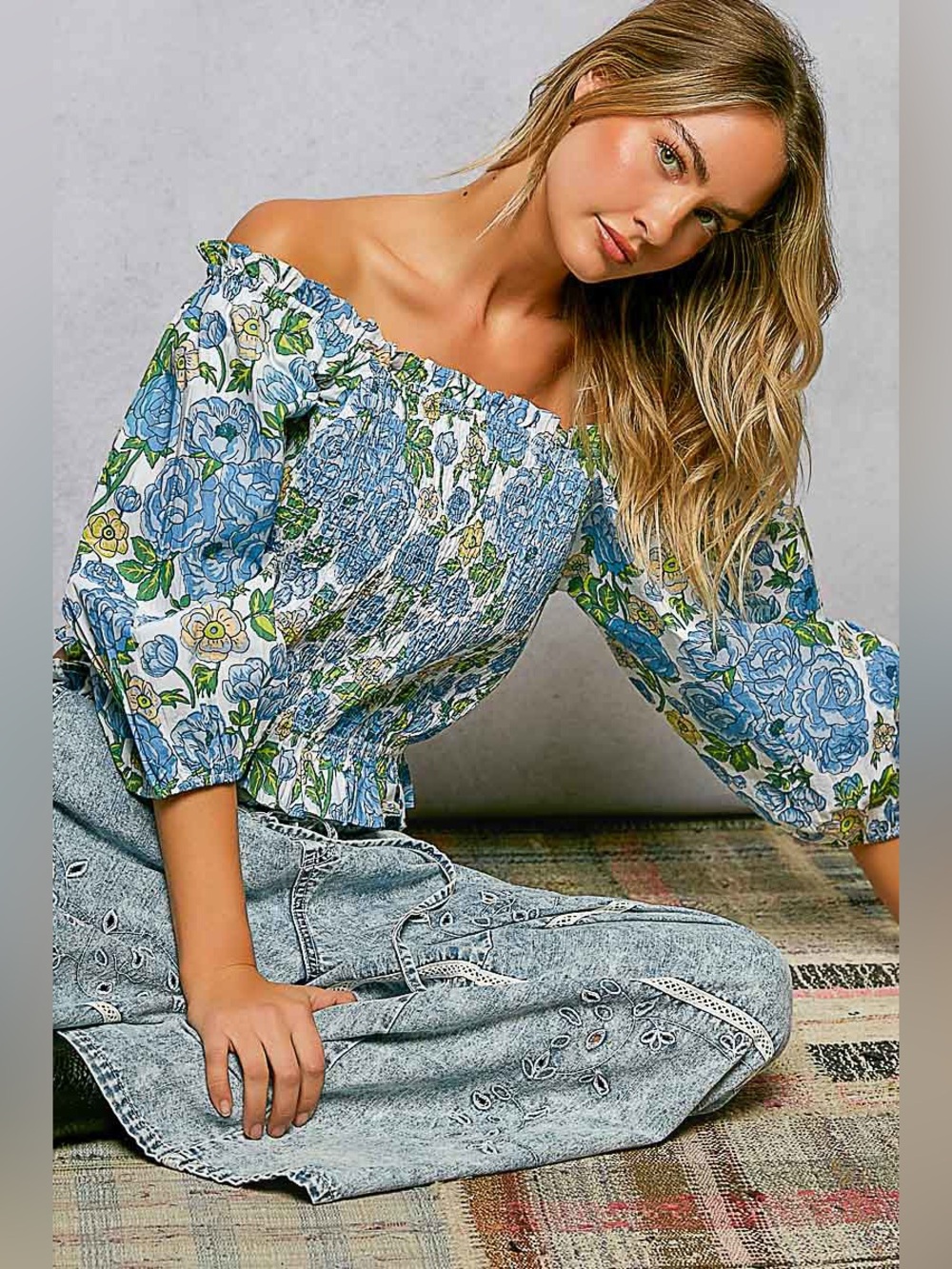 POL “ Sedona Bloom “ Off The Shoulder Smocked Top | Bluebell